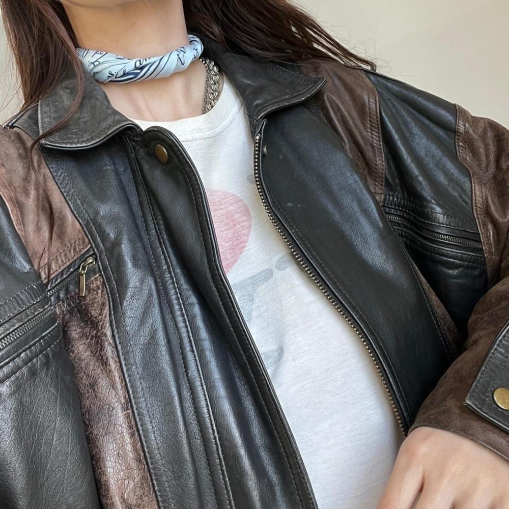 Vintage Leather Jacket Brown Black Two Tone Unique Oversized Bomber 90s Baggy - Picture 5 of 9